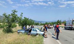 Lastiği patlayan otomobil yoldan çıktı