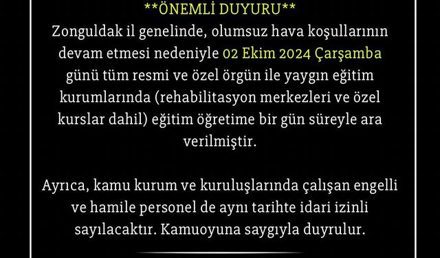 Eğitime 1 Gün Ara Verildi