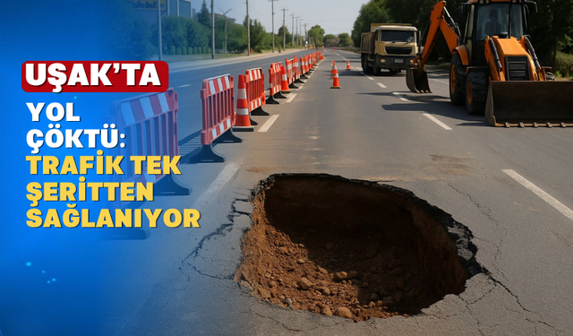 Uşak'ta Yol Çöktü: Trafik Tek Şeritten Sağlanıyor