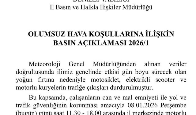 Komşu ilde fırtına dolayısıyla motorla trafiğe çıkışlar yasaklandı