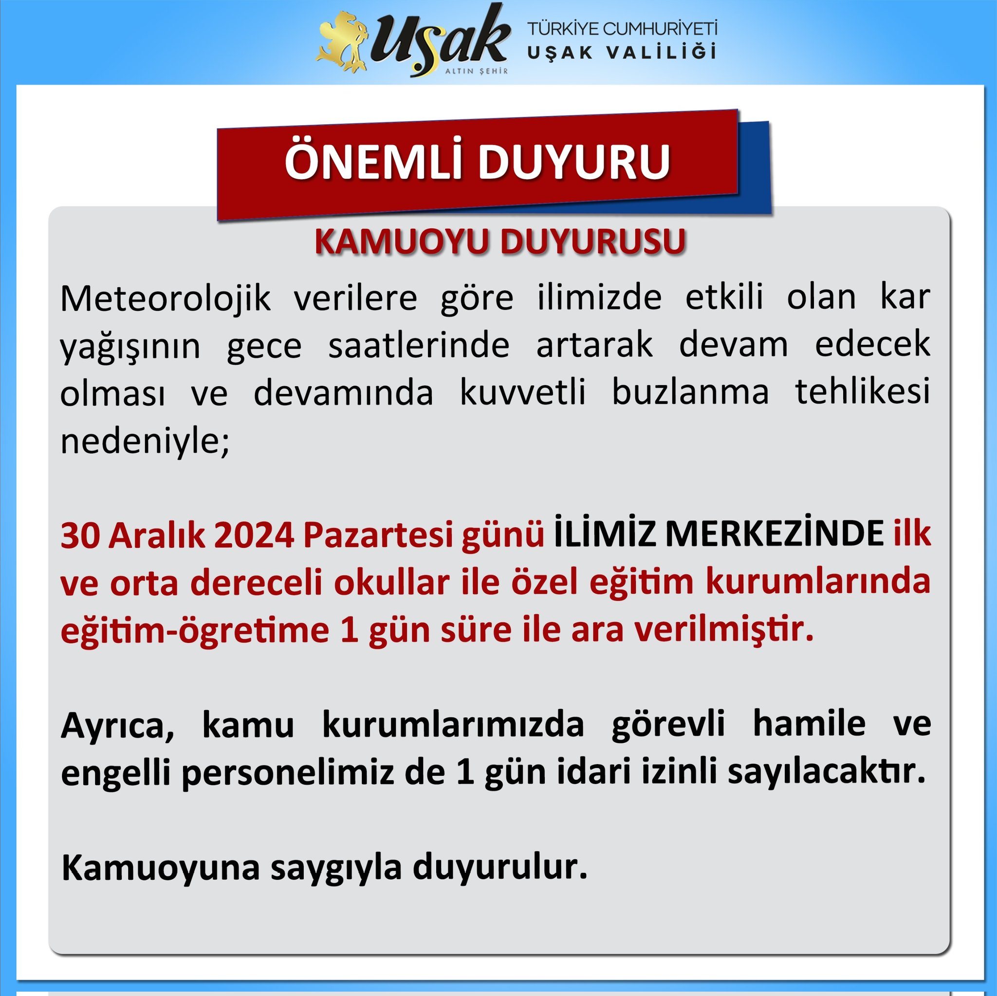 Uşak Okul Tatil