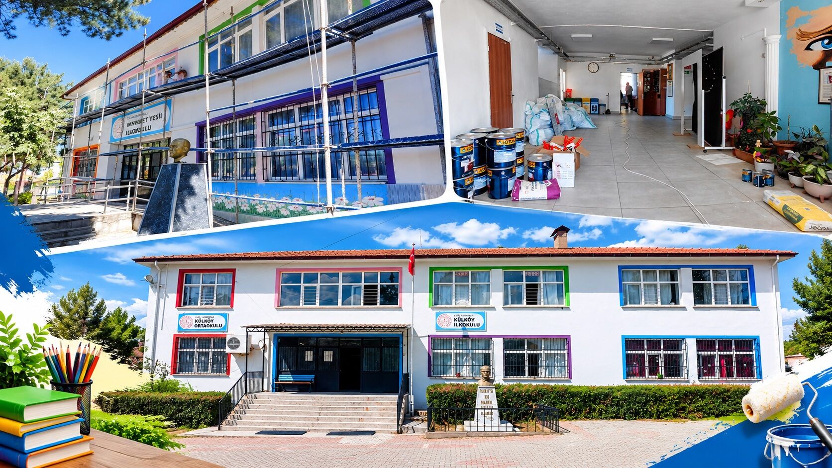 Karahallı Kaymakamlığı koordinesinde 4 Okulda Boya ve Tadilat Çalışması Yapıldı
